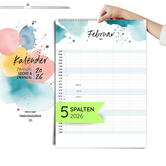 heaven+paper Kalender 2026 Wandkalender 5 Spalten – Familienkalender im Kunstdesign, Kalender 2026 für fünf zum aufhängen mit Aquarell – Made in Germany