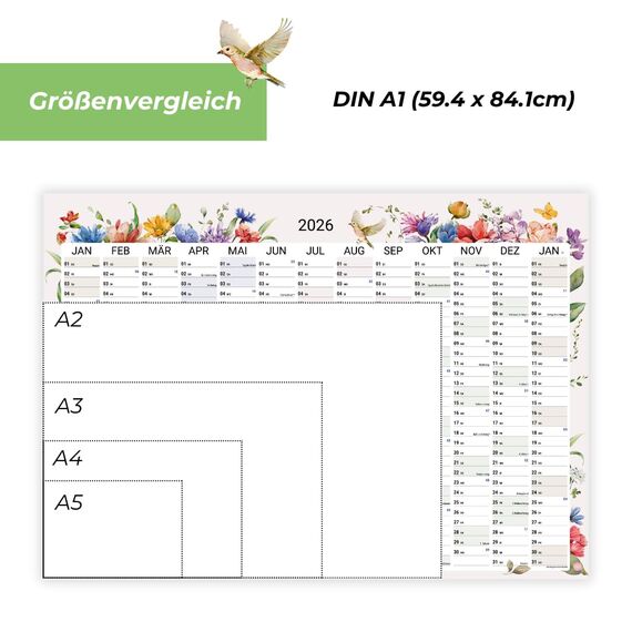 heaven+paper Jahresplaner 2026 A1 Wandkalender 2026 gefaltet | großer Kalender mit großen Feldern & Wildblumen-Illustrationen | Wandplaner mit Feiertagen, Kalenderwochen | modern für Familie, Büro