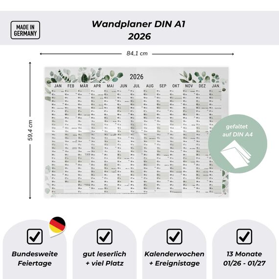 heaven+paper® Wandkalender 2026 | Jahresplaner 2026 A1 | Jahreskalender 26 aus FSC zertifizierten Naturpapier | 12 Monate mit Feiertagen | Calendar made in Germany | XXL Wandkalender | Wandplaner
