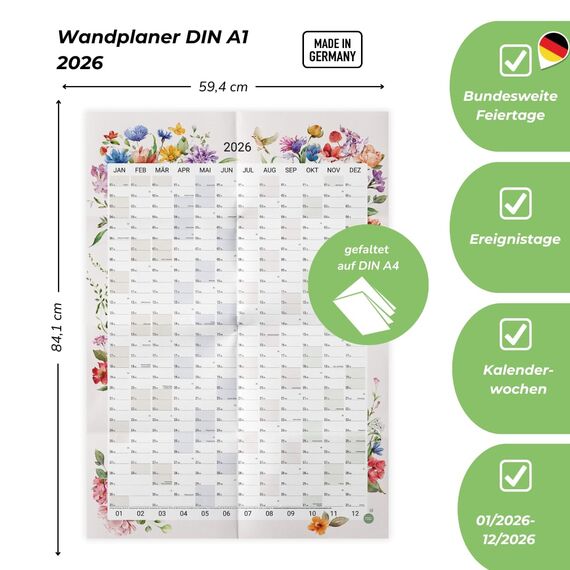 heaven+paper® Wandkalender 2026 | Jahresplaner 2026 A1 | Jahreskalender 2026 aus FSC zertifizierten Naturpapier | 12 Monate mit Feiertagen | Familienplaner 2026 Blumen | Made in Germany