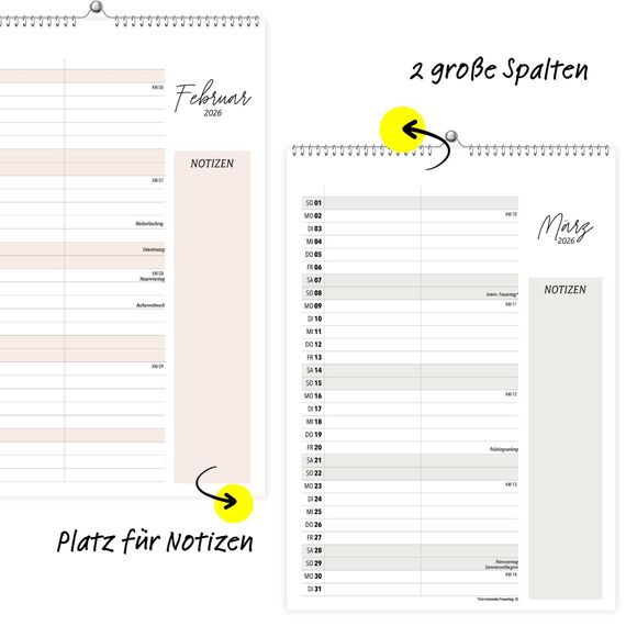 heaven+paper Paarplaner 2 Spalten Minimalistisches Design A4 - Kalender für zwei 2026 mit Feiertagen, Schulferien, Mond - Wandkalender Familienkalender (Cozy, 2 Spalten)