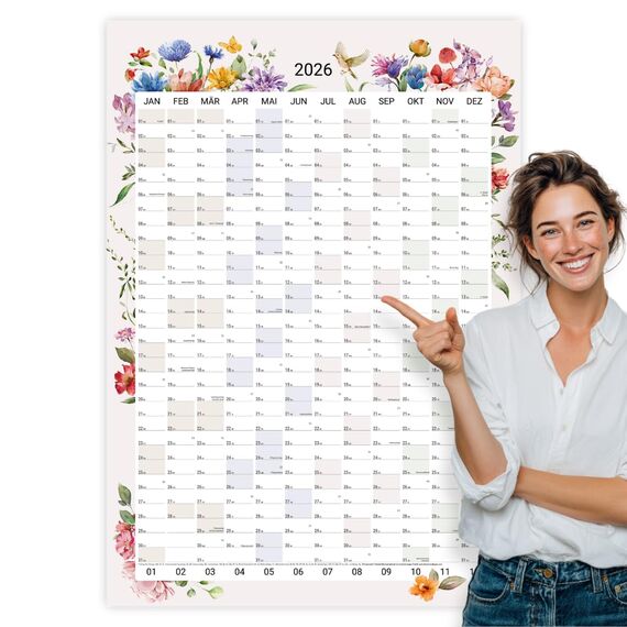 heaven+paper® Wandkalender 2026 | Jahresplaner 2026 A1 | Jahreskalender 2026 aus FSC zertifizierten Naturpapier | 12 Monate mit Feiertagen | Familienplaner 2026 Blumen | Made in Germany