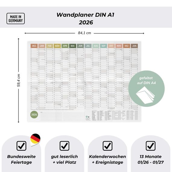 heaven+paper® Wandkalender 2026 | Jahresplaner 2026 A1 | Jahreskalender 26 aus FSC zertifiziertem Naturpapier | 12 Monate mit Feiertagen | Calendar made in Germany | XXL Wandkalender | Wandplaner