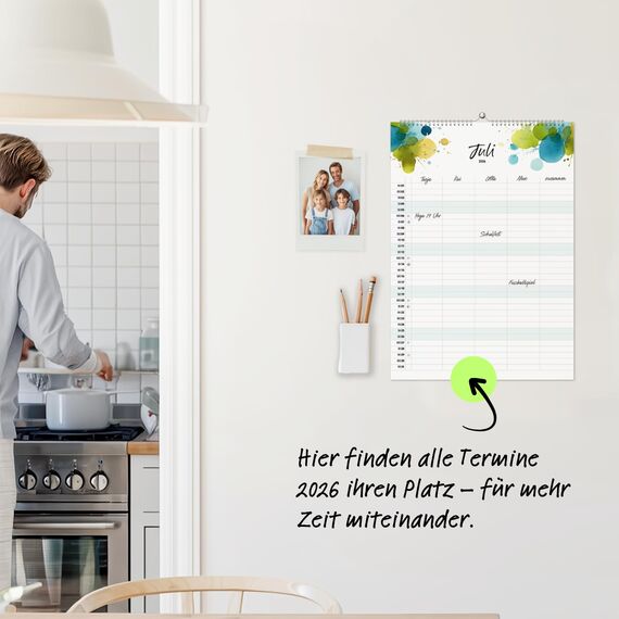 heaven+paper Kalender 2026 Wandkalender 5 Spalten – Familienkalender im Kunstdesign, Kalender 2026 für fünf zum aufhängen mit Aquarell – Made in Germany