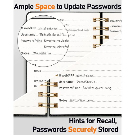 WEMATE Spiral-Passwortbuch mit alphabetischen Registerkarten, kleines Passwortbuch für Senioren, Internet-Passwort-Notizbuch, Hardcover, Passwort-Tagebuch, Logbuch, 11,9 x 15,2 cm, Schwarz