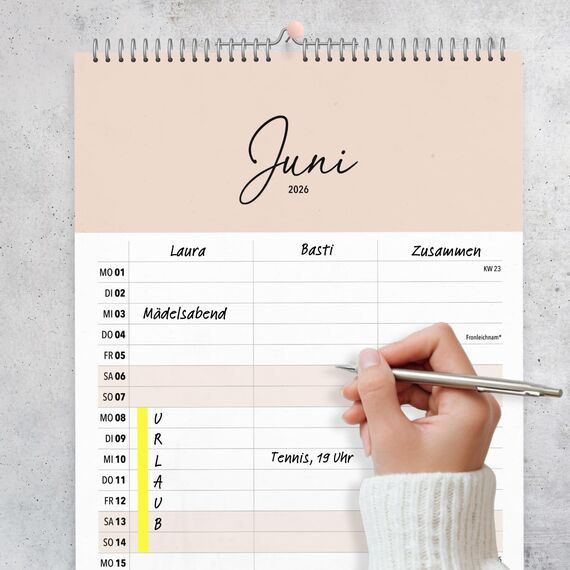 heaven+paper Paarplaner 3 Spalten Cozy Boho schlicht - Kalender für zwei 2026 mit Feiertagen, Schulferien, Mond - Wandkalender 2026 Familienkalender (42x21cm) (Cozy, 3 Spalten)