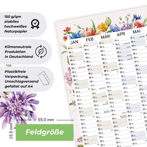 heaven+paper Jahresplaner 2026 A1 Wandkalender 2026 gefaltet | großer Kalender mit großen Feldern & Wildblumen-Illustrationen | Wandplaner mit Feiertagen, Kalenderwochen | modern für Familie, Büro