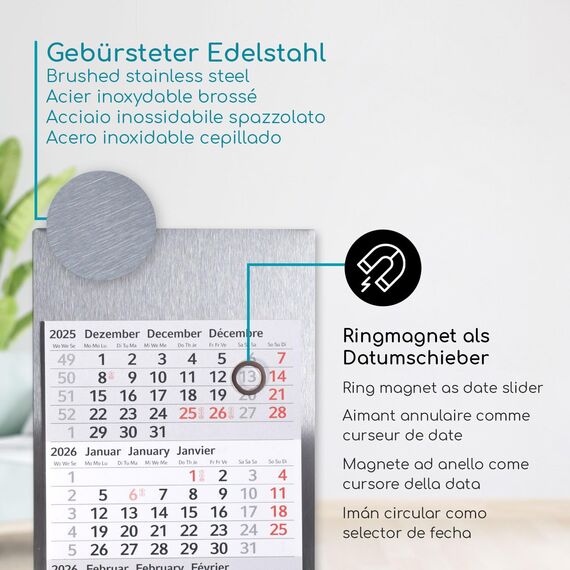 Timr Tischkalender zum Aufstellen aus Edelstahl I Kakteen-Motiv I für 2 Jahre 2026/2027 I Hochformat 105 x 230 mm I 3-Monatsübersicht mit Block Magneten I mehrsprachig D/GB/F I 7 Motive I tr204