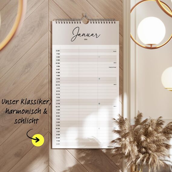 heaven+paper Paarplaner 3 Spalten Cozy Boho schlicht - Kalender für zwei 2026 mit Feiertagen, Schulferien, Mond - Wandkalender 2026 Familienkalender (42x21cm) (Cozy, 3 Spalten)