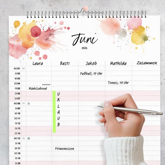 heaven+paper Kalender 2026 Wandkalender 5 Spalten – Familienkalender im Kunstdesign, Kalender 2026 für fünf zum aufhängen mit Aquarell – Made in Germany