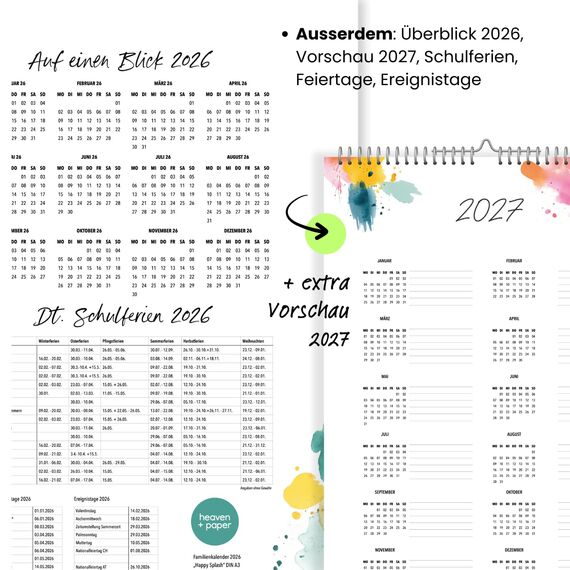 heaven+paper Kalender 2026 Wandkalender 5 Spalten – Familienkalender im Kunstdesign, Kalender 2026 für fünf zum aufhängen mit Aquarell – Made in Germany