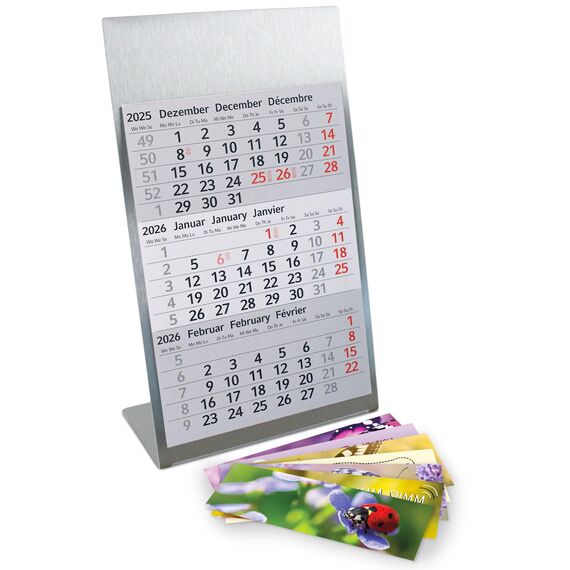 Timr Tischkalender zum Aufstellen aus Edelstahl I Bienen-Motiv I für 2 Jahre 2026/2027 I Hochformat 105 x 230 mm I 3-Monatsübersicht mit Block Magneten I mehrsprachig D/GB/F I 7 Motive I tr205