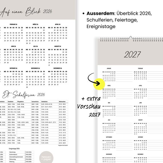 heaven+paper Paarplaner 3 Spalten Cozy Boho schlicht - Kalender für zwei 2026 mit Feiertagen, Schulferien, Mond - Wandkalender 2026 Familienkalender (42x21cm) (Cozy, 3 Spalten)