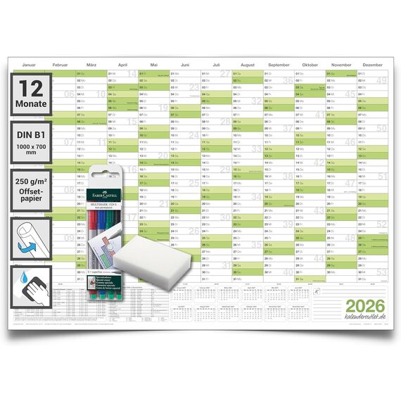 DIN B1 Wandkalender 2026 abwischbar – XXL Jahresplaner 100x70 cm, feucht korrigierbar, inkl. 4 Marker & Schwamm – großer Jahreskalender 2026 auf Deutsch für Büro & Zuhause – Kalenderoutlet