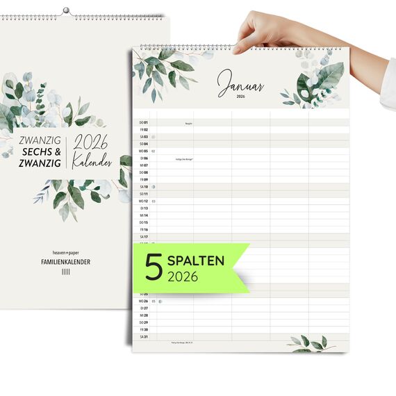heaven+paper® Familienplaner 2026 | Wandkalender 2026 A3 | Planer 2026 mit 5 Spalten | Made in Germany | Kalender 2026 Familienplaner mit 12 Seiten | Jahresplaner 2026 mit Feiertagen und Schulferien