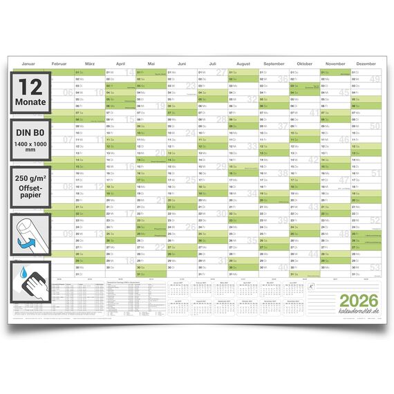 DIN B0 Wandkalender 2026 abwischbar – XXL Jahresplaner 140x100 cm für Büro, Schule & Zuhause, großer Wandkalender 2026, Jahreskalender, Kalender 2026 deutsch, Planer großformat von Kalenderoutlet