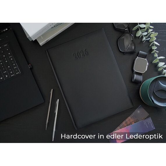 Chefplaner 2026 fast A4 Lederoptik Hardcover Terminbuch 2026 Buchkalender Terminplaner 2026 Chefkalender mit Wochenübersicht, Business Planer 2026 Kalenderbuch (Schwarz)