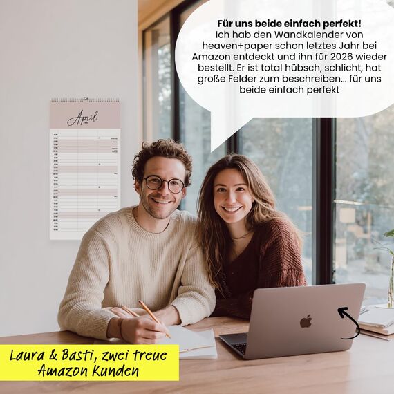 heaven+paper Paarplaner 3 Spalten Cozy Boho schlicht - Kalender für zwei 2026 mit Feiertagen, Schulferien, Mond - Wandkalender 2026 Familienkalender (42x21cm) (Cozy, 3 Spalten)