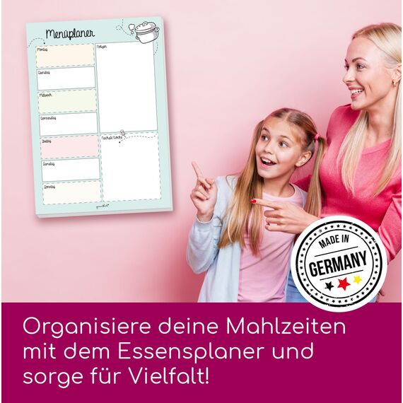 Menüplaner Block DIN A4 I 50 Blatt I Essensplaner Block für die ganze Familie I Wochenplaner Block A4 I Aus Papier zum Abreißen I dv225