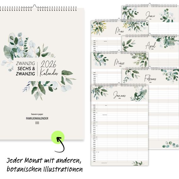 heaven+paper® Familienplaner 2026 | Wandkalender 2026 A3 | Planer 2026 mit 5 Spalten | Made in Germany | Kalender 2026 Familienplaner mit 12 Seiten | Jahresplaner 2026 mit Feiertagen und Schulferien