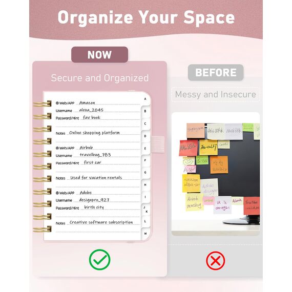 WEMATE Spiral Passwort buch mit alphabetischen Tabs, kleines Passwortbuch für Senioren, Internet-Passwort-Notizbuch Hardcover Passwort Manager Journal Logbuch A6 – 10.5 x 14.8 cm (Roségold)