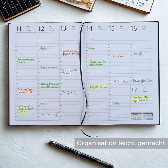 Chefplaner 2026 fast A4 Lederoptik Hardcover Terminbuch 2026 Buchkalender Terminplaner 2026 Chefkalender mit Wochenübersicht, Business Planer 2026 Kalenderbuch (Schwarz)