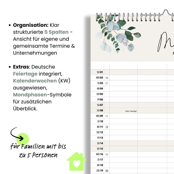 heaven+paper® Familienplaner 2026 | Wandkalender 2026 A3 | Planer 2026 mit 5 Spalten | Made in Germany | Kalender 2026 Familienplaner mit 12 Seiten | Jahresplaner 2026 mit Feiertagen und Schulferien