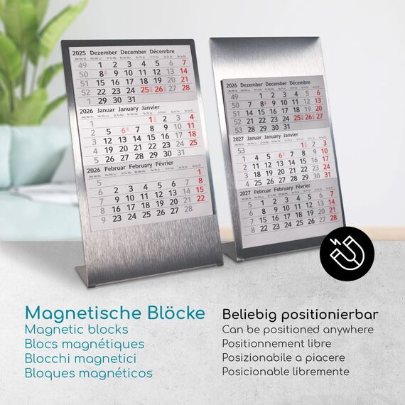 Timr Tischkalender zum Aufstellen aus Edelstahl I Bienen-Motiv I für 2 Jahre 2026/2027 I Hochformat 105 x 230 mm I 3-Monatsübersicht mit Block Magneten I mehrsprachig D/GB/F I 7 Motive I tr205