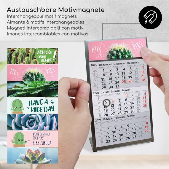 Timr Tischkalender zum Aufstellen aus Edelstahl I Kakteen-Motiv I für 2 Jahre 2026/2027 I Hochformat 105 x 230 mm I 3-Monatsübersicht mit Block Magneten I mehrsprachig D/GB/F I 7 Motive I tr204