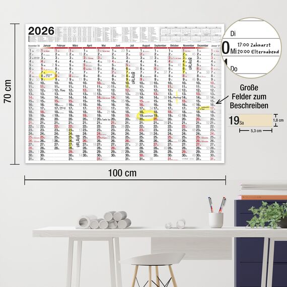 TOBJA XXL Wandkalender abwischbar 2026 - gerollter Versand inkl. Stift. | Großer Jahresplaner abwischbar Kalender 2026 | Größer als A1