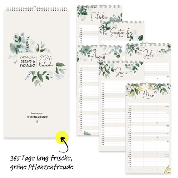 heaven+paper® Familienkalender 2026 3 Spalten | Familienplaner 2026 | Paarkalender & Wandkalender 2026 (21x42 cm) | Planer für Zwei | Mit Feiertagen & Schulferien | Made in Germany