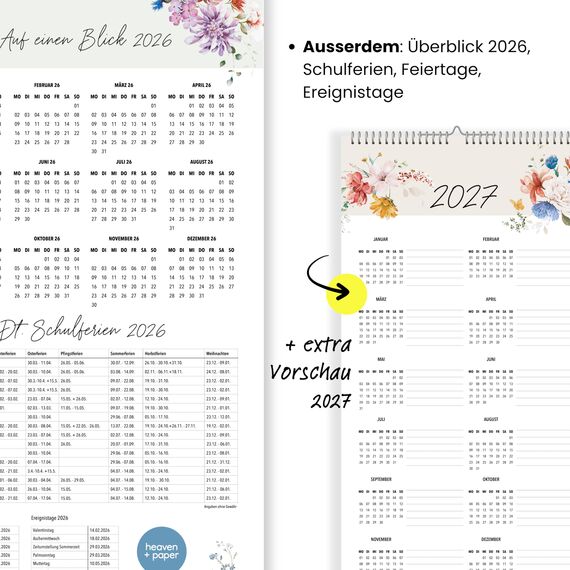 heaven+paper® Familienkalender 2026 3 Spalten | Familienplaner 2026 | Paarkalender & Wandkalender 2026 (21x42 cm) | Planer für Zwei | Mit Feiertagen & Schulferien | Made in Germany