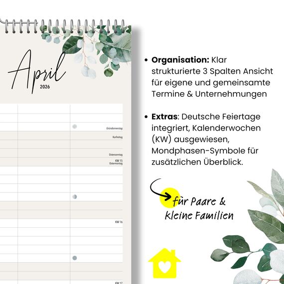 heaven+paper® Familienkalender 2026 3 Spalten | Familienplaner 2026 | Paarkalender & Wandkalender 2026 (21x42 cm) | Planer für Zwei | Mit Feiertagen & Schulferien | Made in Germany