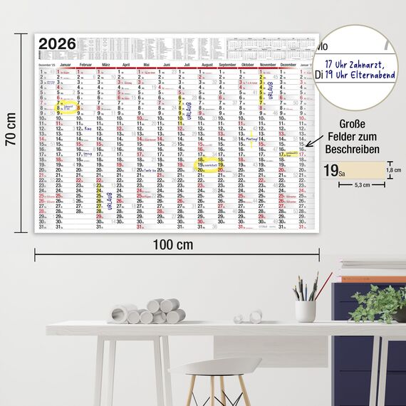 TOBJA Wandkalender 2026 groß mit Feiertagen und Ferien DE, AT | Jahresplaner 2026 Wandkalender 100x70 cm | XXL Wandkalender 2026 gerollt oder gefalzt | Hochwertiger Kalender [2 Stück gefalzt]