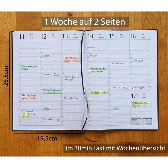 Chefplaner 2026 fast A4 Lederoptik Hardcover Terminbuch 2026 Buchkalender Terminplaner 2026 Chefkalender mit Wochenübersicht, Business Planer 2026 Kalenderbuch (Schwarz)