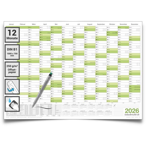 Din B1 Wandkalender 2026 abwischbar XXL Jahresplaner 100x70 cm cm groß inklusive 1 Marker, feucht korrigierbar. Jahreskalender, Kalender 2026 in deutscher Sprache von Kalenderoutlet