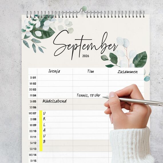 heaven+paper® Familienkalender 2026 3 Spalten | Familienplaner 2026 | Paarkalender & Wandkalender 2026 (21x42 cm) | Planer für Zwei | Mit Feiertagen & Schulferien | Made in Germany