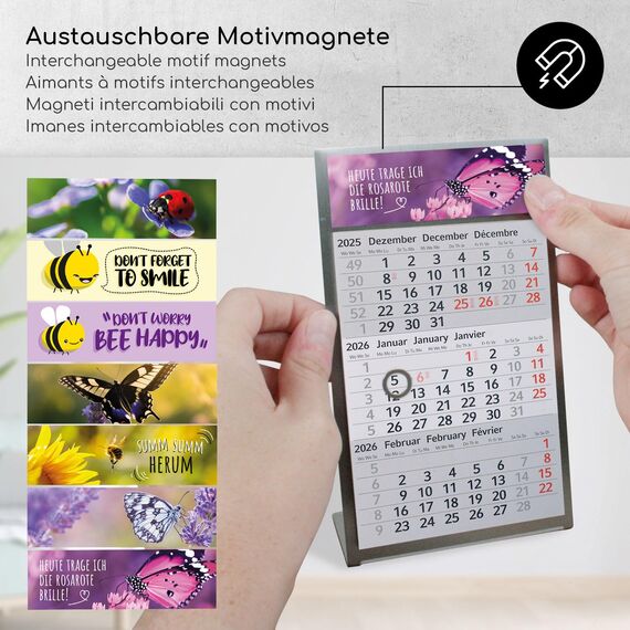 Timr Tischkalender zum Aufstellen aus Edelstahl I Bienen-Motiv I für 2 Jahre 2026/2027 I Hochformat 105 x 230 mm I 3-Monatsübersicht mit Block Magneten I mehrsprachig D/GB/F I 7 Motive I tr205