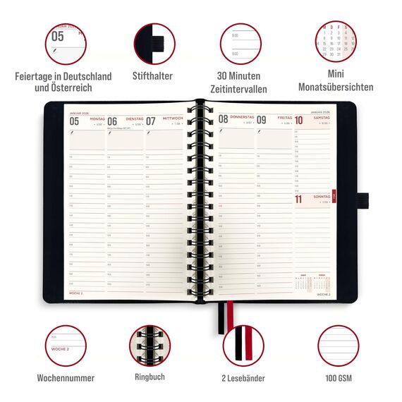 colortouch Terminplaner 2025 2026, Kalender A5, Wochenplaner mit Softcover Ringbuch, 30 Minuten-Intervalle Planer mit 2 Blatt Aukfleber auf Deutsch 14 Monate Planer (Juli 25-Aug 26)
