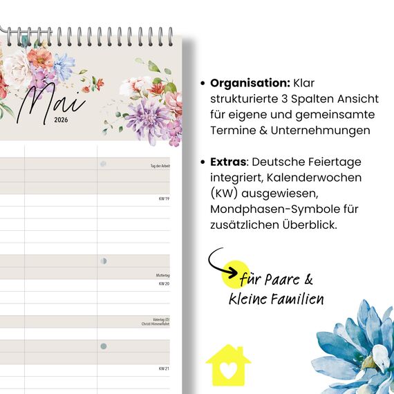 heaven+paper® Familienkalender 2026 3 Spalten | Familienplaner 2026 | Paarkalender & Wandkalender 2026 (21x42 cm) | Planer für Zwei | Mit Feiertagen & Schulferien | Made in Germany