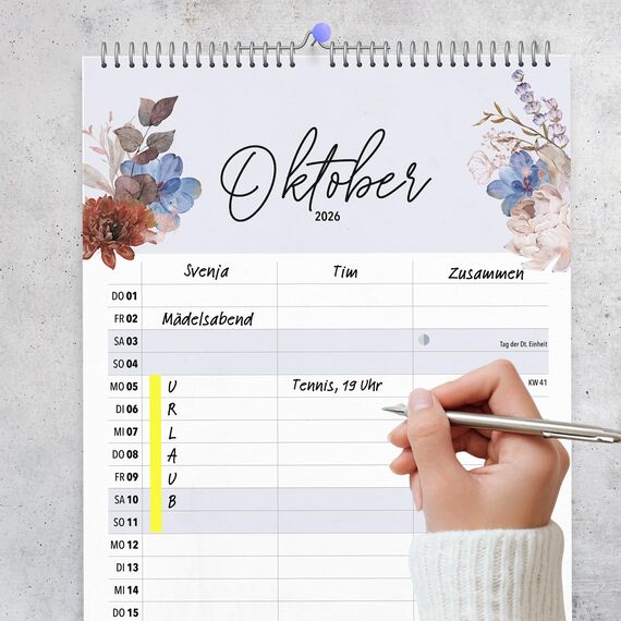 heaven+paper® Familienkalender 2026 3 Spalten | Familienplaner 2026 | Paarkalender & Wandkalender 2026 (21x42 cm) | Planer für Zwei | Mit Feiertagen & Schulferien | Made in Germany