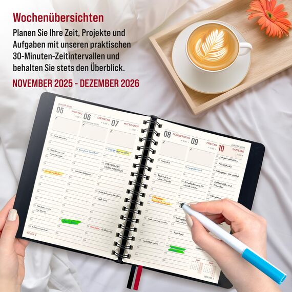 colortouch Terminplaner 2026, Kalender A5, Wochenplaner mit Softcover, Terminkalender Ringbuch, 30 Minuten-Intervalle Planer mit 2 Blatt Aukfleber auf Deutsch, Buchkalender 14 Monate (Nov 25-Dez 26)
