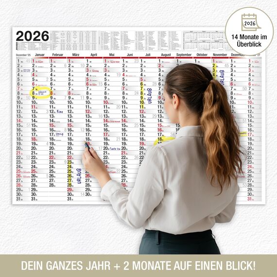 TOBJA Wandkalender 2026 groß mit Feiertagen und Ferien DE, AT | Jahresplaner 2026 Wandkalender 100x70 cm | XXL Wandkalender 2026 gerollt oder gefalzt | Hochwertiger Kalender [2 Stück gefalzt]