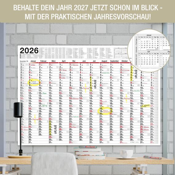 TOBJA XXL Wandkalender abwischbar 2026 - gerollter Versand inkl. 4 Stifte | Großer Jahresplaner Kalender (1 Stück abwischbar +4 Stifte)