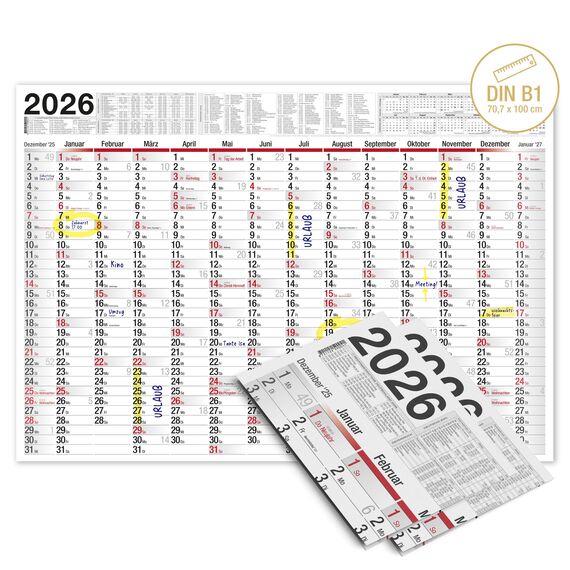 TOBJA Wandkalender 2026 groß mit Feiertagen und Ferien DE, AT | Jahresplaner 2026 Wandkalender 100x70 cm | XXL Wandkalender 2026 gerollt oder gefalzt | Hochwertiger Kalender [2 Stück gefalzt]
