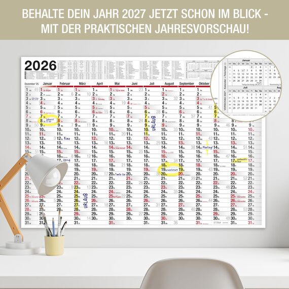 TOBJA Wandkalender 2026 groß mit Feiertagen und Ferien DE, AT | Jahresplaner 2026 Wandkalender 100x70 cm | XXL Wandkalender 2026 gerollt oder gefalzt | Hochwertiger Kalender [2 Stück gefalzt]