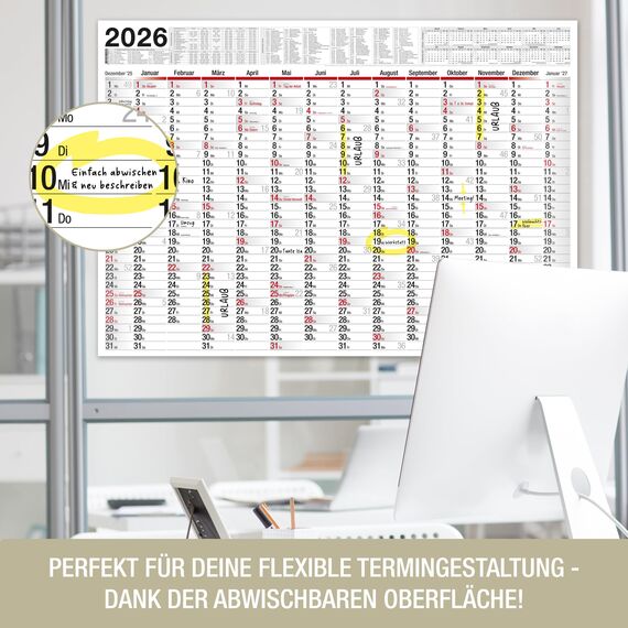 TOBJA XXL Wandkalender abwischbar 2026 - gerollter Versand inkl. Stift. | Großer Jahresplaner abwischbar Kalender 2026 | Größer als A1