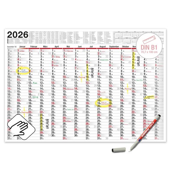 TOBJA XXL Wandkalender abwischbar 2026 - gerollter Versand inkl. Stift. | Großer Jahresplaner abwischbar Kalender 2026 | Größer als A1