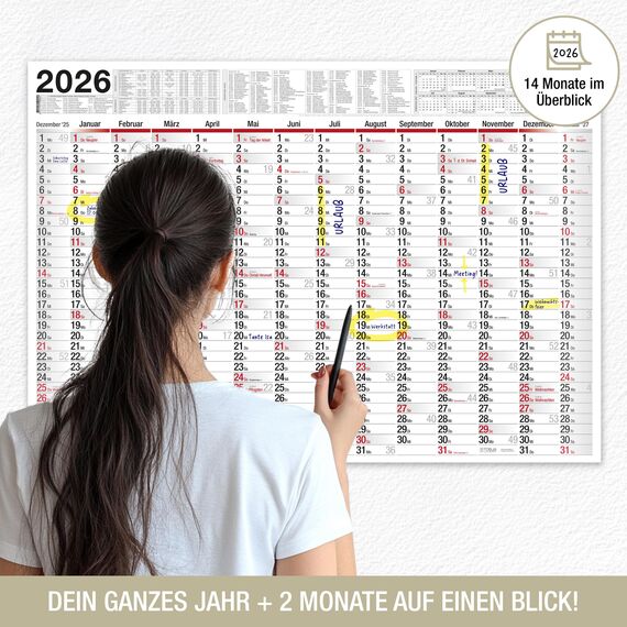TOBJA Wandkalender 2026 groß mit Feiertagen und Ferien DE, AT | Jahresplaner 2026 100x70 cm | XXL Wandkalender 2026 gerollt oder gefalzt | Hochwertiger Kalender [1 Stück gerollt]