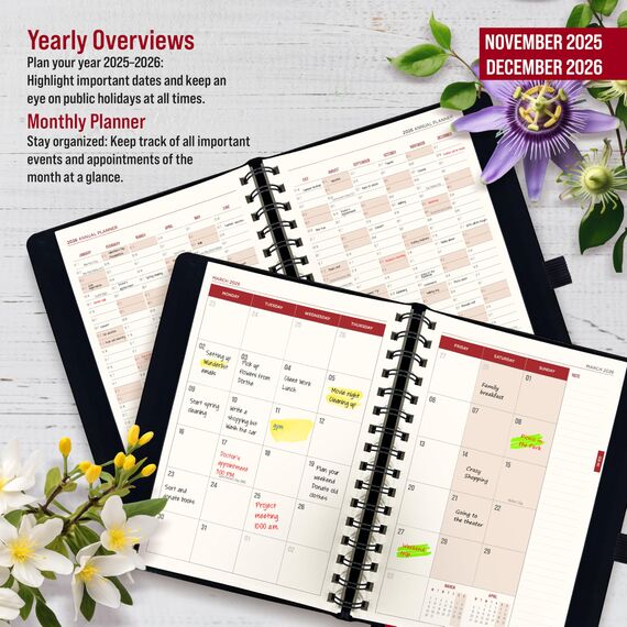 colortouch Terminplaner 2026 Englisch Tagesplaner, A5 Terminkalender Organizer, Buchkalender, Monatsplaner, 30 Minuten-Intervalle Ringbuch mit 2 Blatt Aufkleber 14 Monate Agenda (Nov 25-Dez 26)